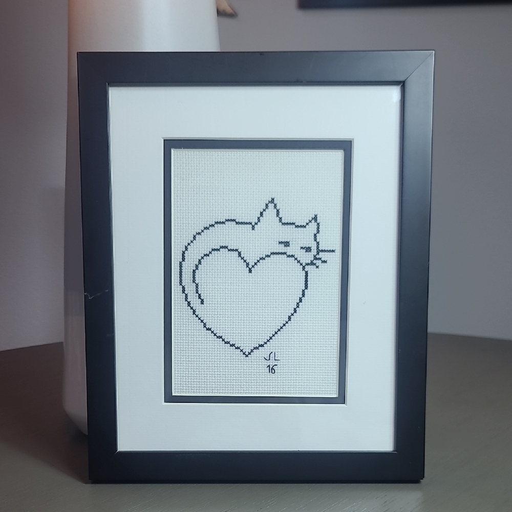 Framed Cat Heart Cross Stitch Art